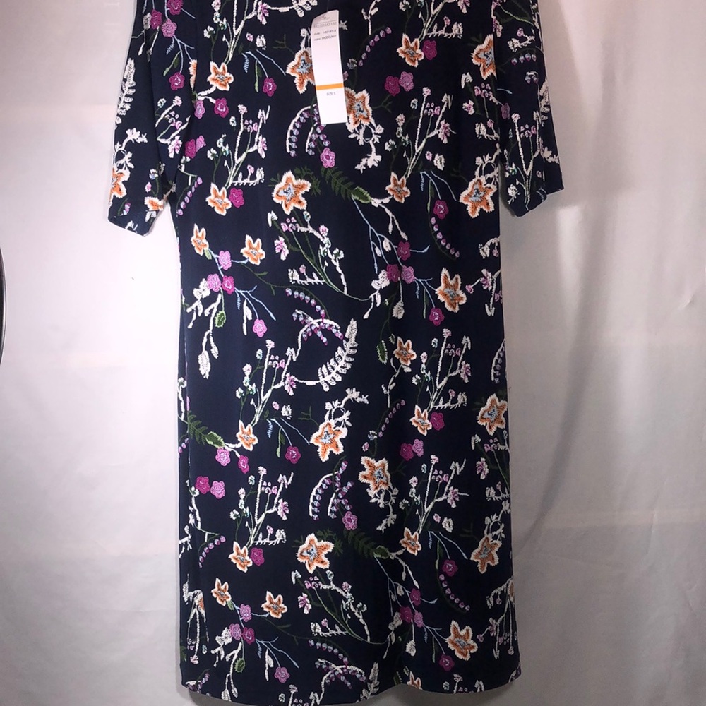 karin stevens Navy Floral Midi Dress with Pink, Gold & Green Accents